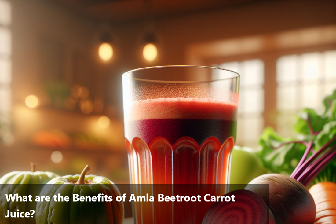 A glass of amla, beetroot and carrot juice with amla, beetroot and carrot placed beside it.