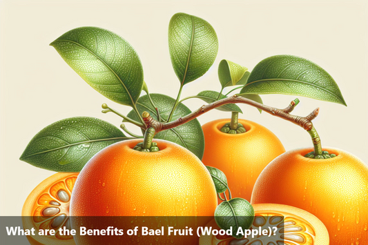 A close-up image of bael fruits with green leaves, showcasing its vibrant orange color and juicy texture.