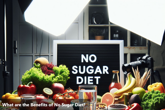 A table full of healthy fruits and vegetables with a sign in the middle that says 'No Sugar Diet'.