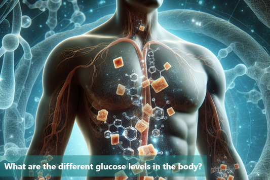 Blue translucent human body with glowing orange glucose molecules inside and blue veins on dark background with stars.