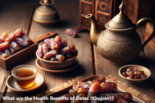 A wooden table spread with dates, tea, and other delicacies.