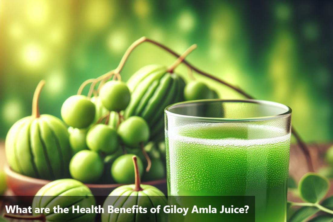 A glass of Giloy Amla juice with fresh Giloy and Amla fruits in the background.