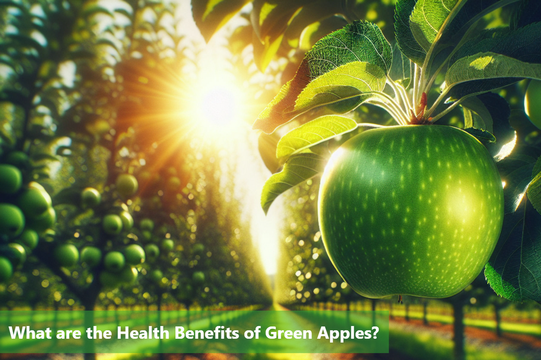 A close-up image of a green apple hanging from a tree branch.