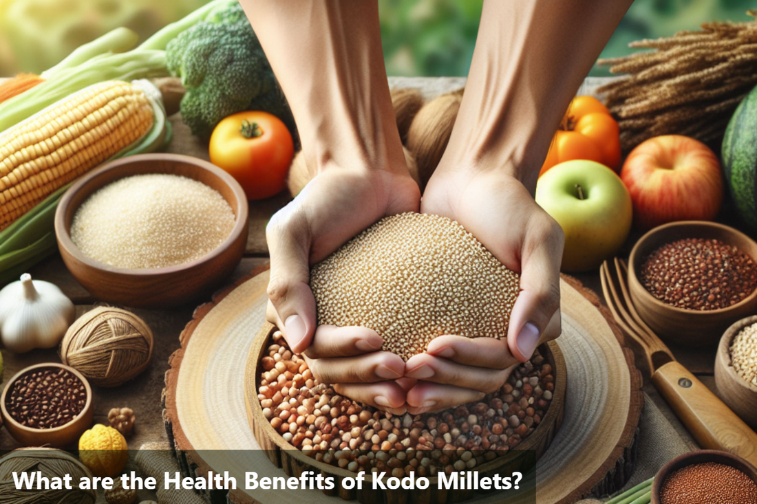 A close-up image of a hand holding a handful of kodo millet grains, with a variety of other grains and vegetables in the background.