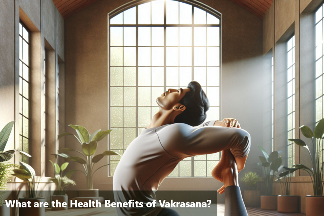 A man practicing Vakrasana in a yoga studio.