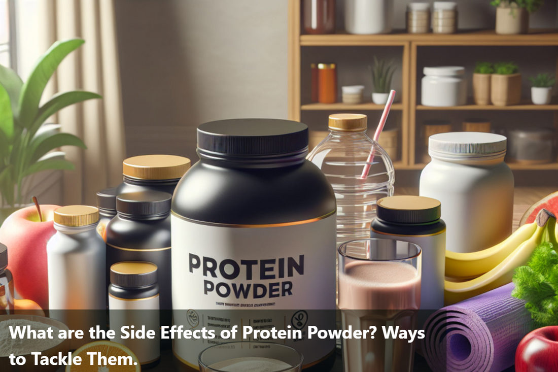 A banner image of a variety of protein powders and supplements with a measuring scoop on a table.