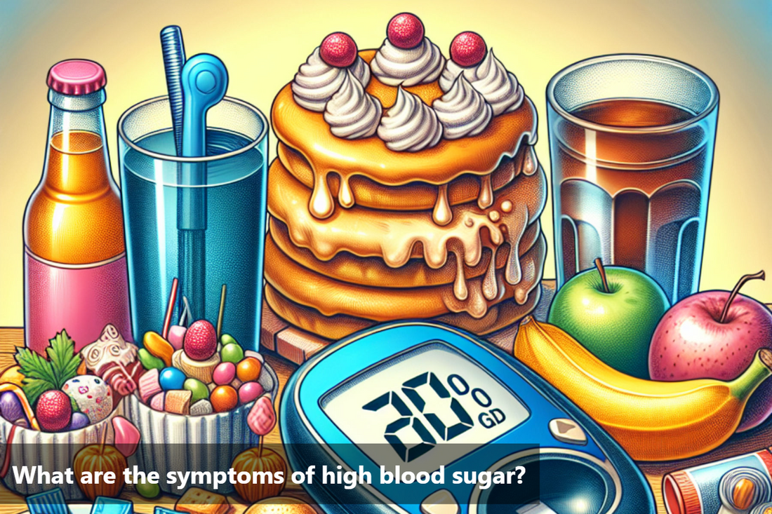 An illustration of a table full of sugary foods and drinks, with a blood glucose meter in the foreground.
