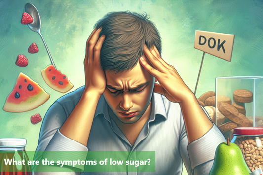 A man with low blood sugar is holding his head in pain. There are various food items around him.