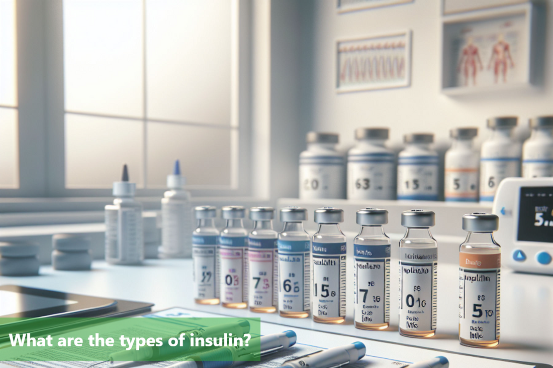 An assortment of insulin vials and injection pens on a table in a pharmacy or clinic setting.