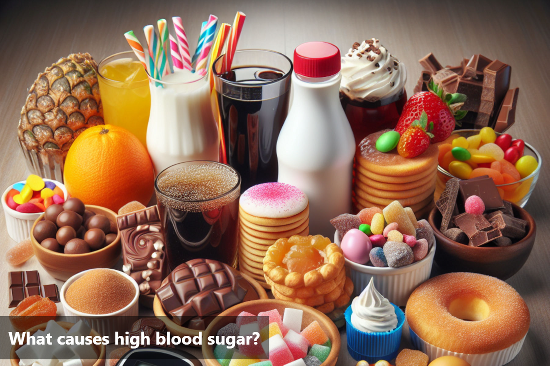 A table full of sugary foods and drinks, including candy, soda, and pastries.