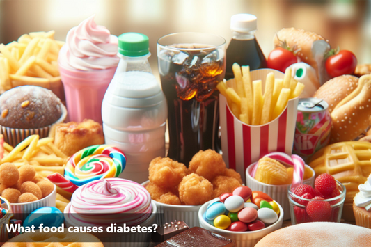 A variety of food items, including sugary drinks, french fries, burgers, and candy, which are associated with an increased risk of diabetes.