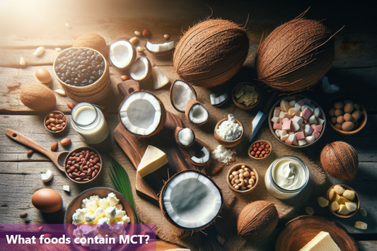 A variety of foods that are high in MCTs, including coconut oil, olive oil, butter, and cheese.