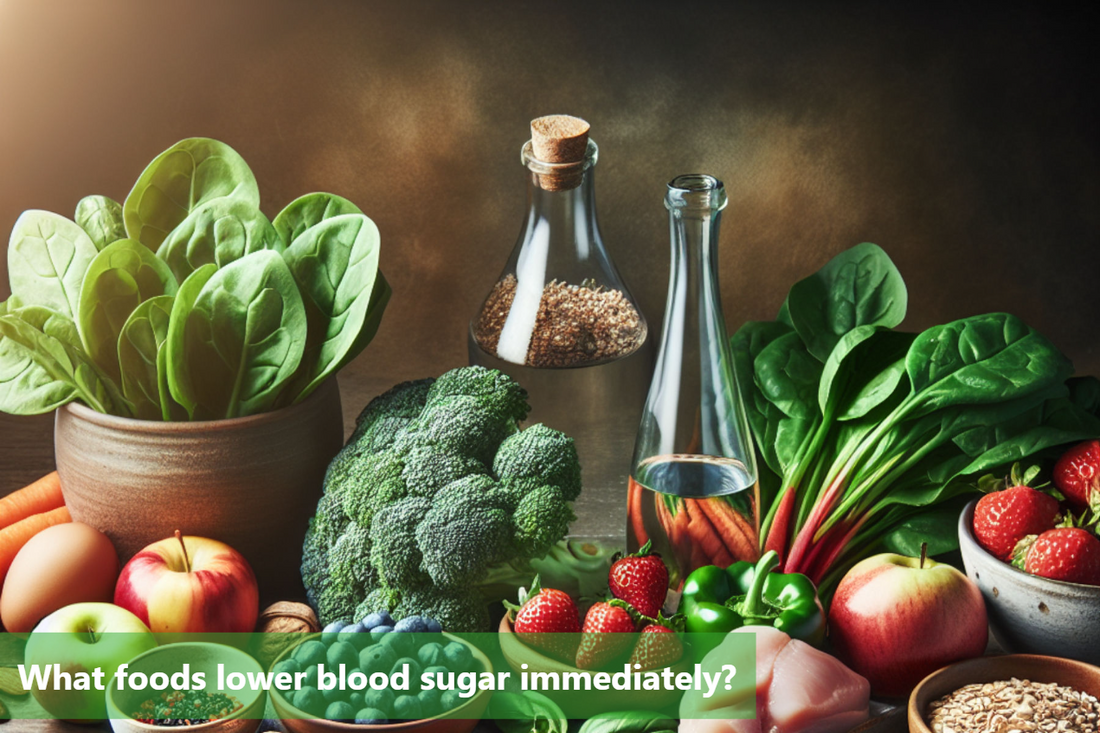An assortment of healthy foods including fruits, vegetables, and whole grains, which are beneficial for lowering blood sugar levels.