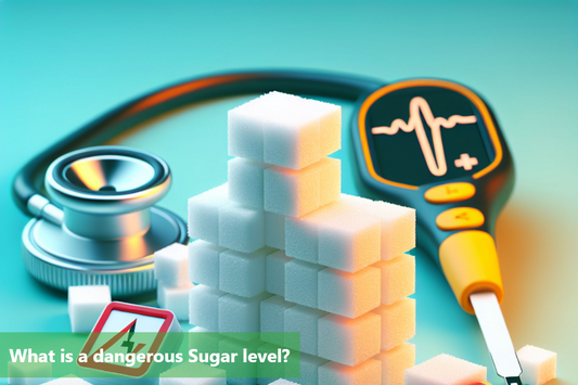 A stethoscope, blood sugar meter, and sugar cubes on a blue background. The image represents the content of the blog which is about low blood sugar levels.