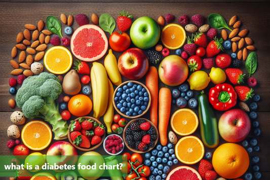 A diabetes food chart featuring various healthy food options such as fruits, vegetables, whole grains, and lean protein.