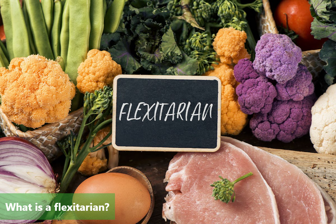 Flexitarian banner image with vegetables, meat, and chalkboard with text: Flexitarian