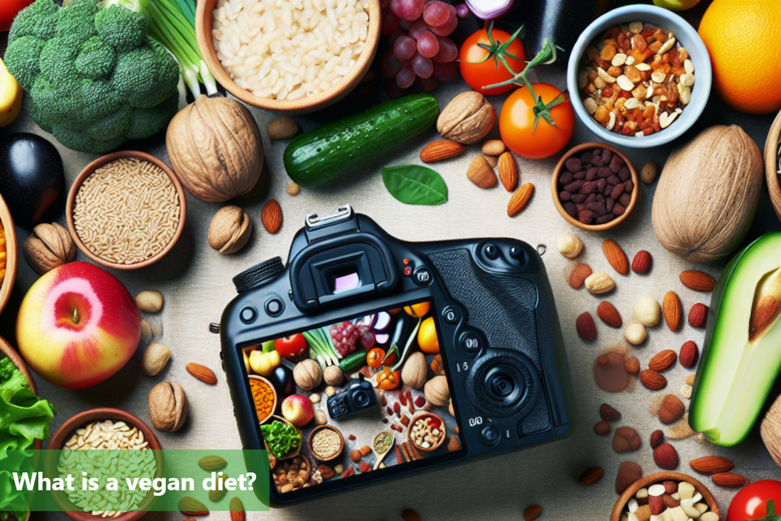 A variety of vegan foods, including fruits, vegetables, grains, and nuts, are arranged around a camera.