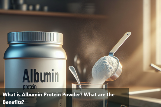 A close-up image of a container of albumin protein powder with a scoop of powder being poured into a glass.