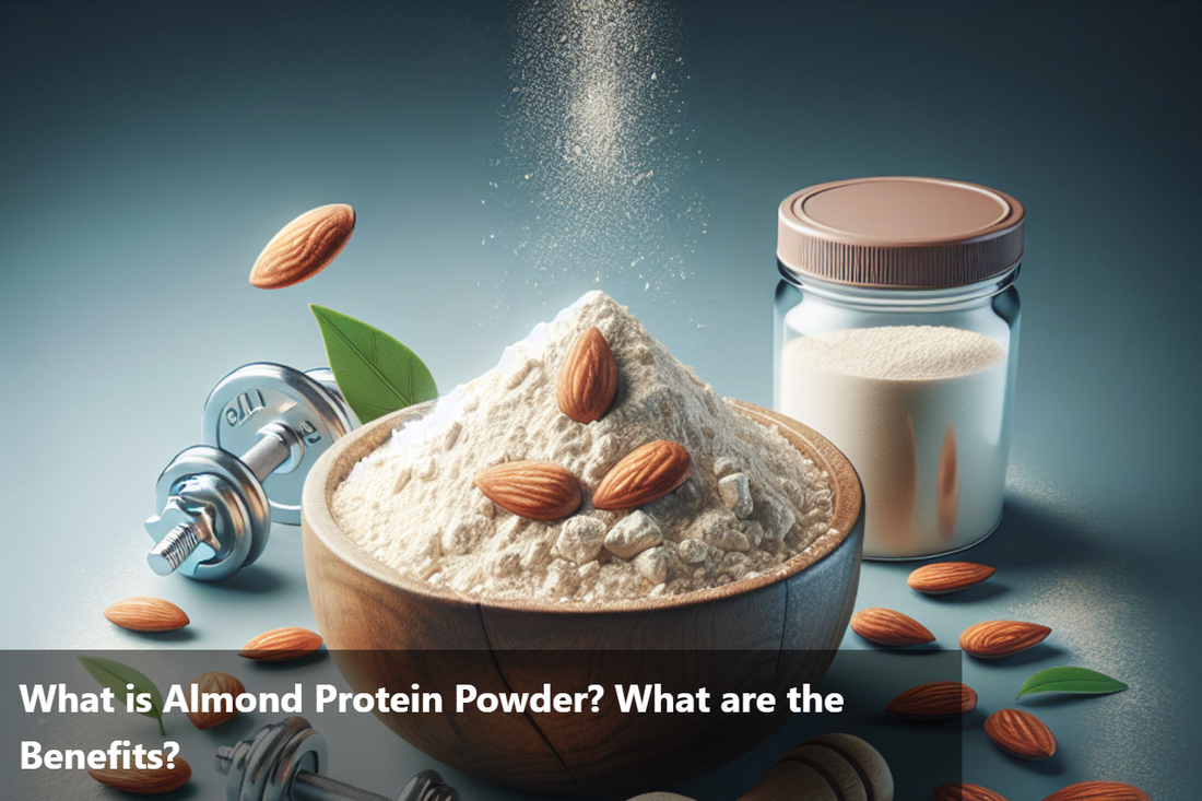 A wooden bowl filled with almond protein powder and almonds next to a glass jar of almond protein powder and a dumbbell.