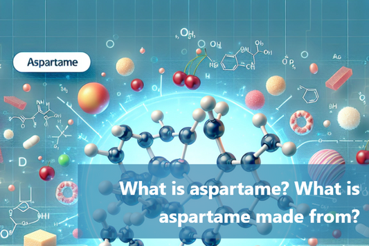 A molecular structure of aspartame surrounded by various food items.