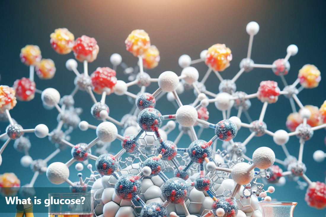 A close-up image of a glucose molecule.