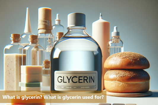 A close-up image of a bottle of glycerin with other beauty and food products in the background.