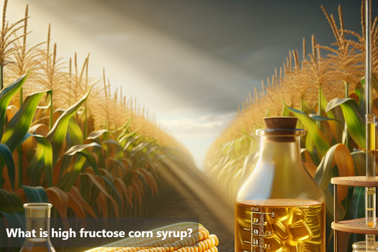 A close-up of a corn field with a beaker of high fructose corn syrup in the foreground.