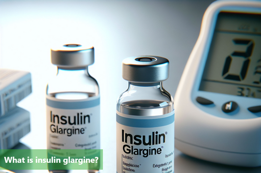 A close-up image of two vials of insulin glargine and a blood glucose meter.