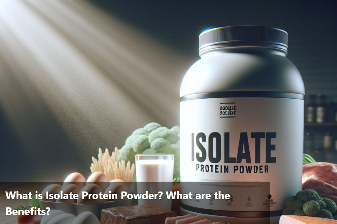 A container of isolate protein powder is shown next to a glass of milk and some other food items.