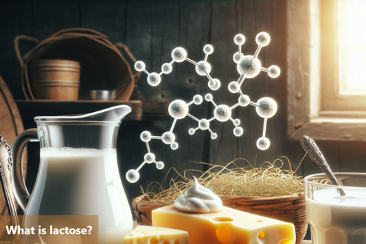 A close-up image of a glass of milk with a molecular structure of lactose superimposed over it.