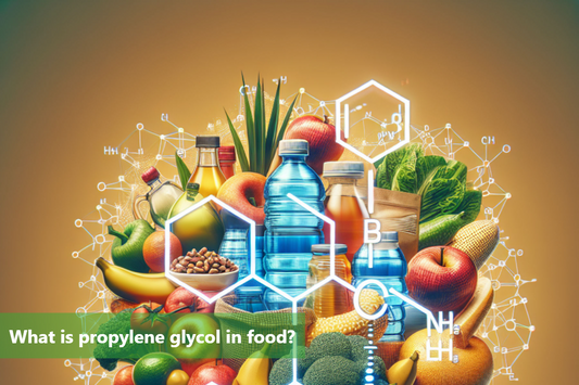 A banner image of a variety of fruits and vegetables with a chemical formula in the background.