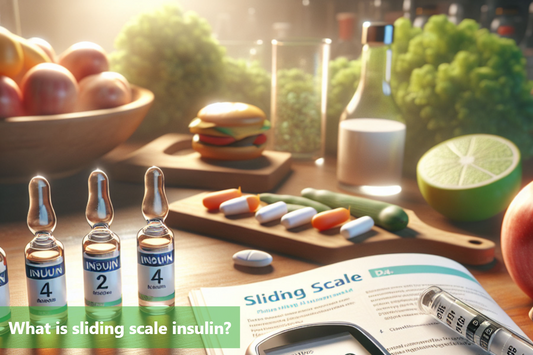 A photo of a table with a bowl of fruit, a hamburger, a glass of milk, and some pills and insulin on it.