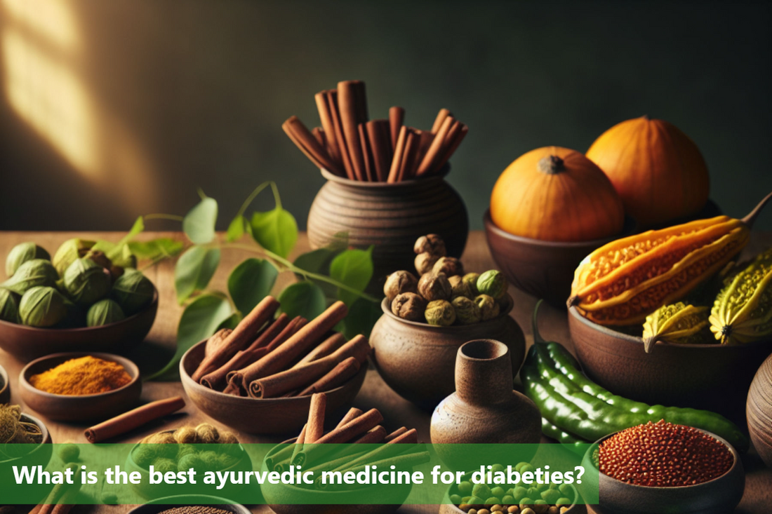 Ayurvedic herbs and spices on a wooden table.