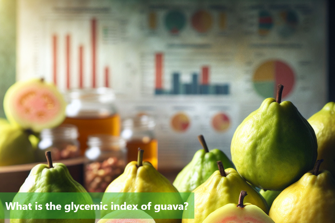 A close-up image of guava fruits with a chart in the background.