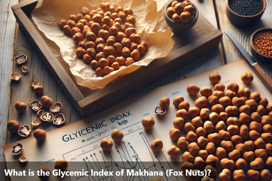 A wooden table with a bowl of makhana (fox nuts) and a diagram showing the glycemic index of various foods.