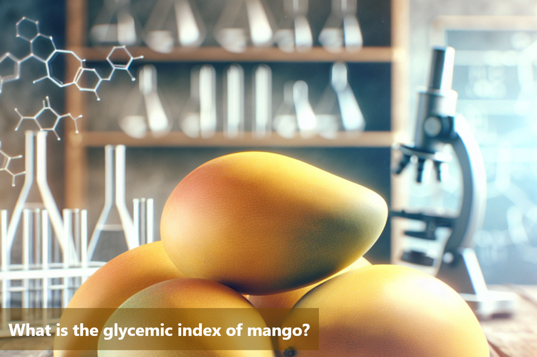 A close-up image of a microscope and ripe mangoes on a table with a chemistry molecular structure in the background.