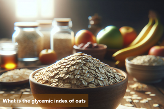 Oats in a bowl with fruits and honey in the background