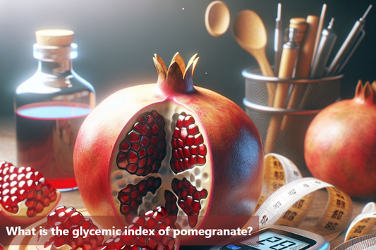 A pomegranate sits on a table. A measuring tape and a blood sugar monitor are next to it.