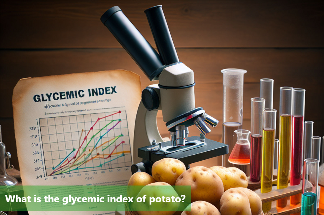 A microscope sits on a table next to a basket of potatoes and some test tubes.