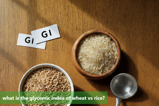 Wheat and rice grains in bowls, with 'GI' labels.