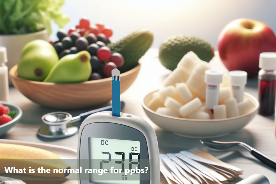 A bowl of fruit, a blood sugar meter, and a stethoscope on a table.