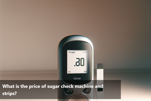 A blood sugar check machine and test strips are displayed on a table.