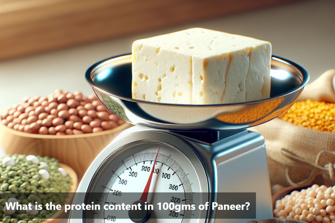 An image of paneer on a weighing scale, surrounded by various types of beans and grains.