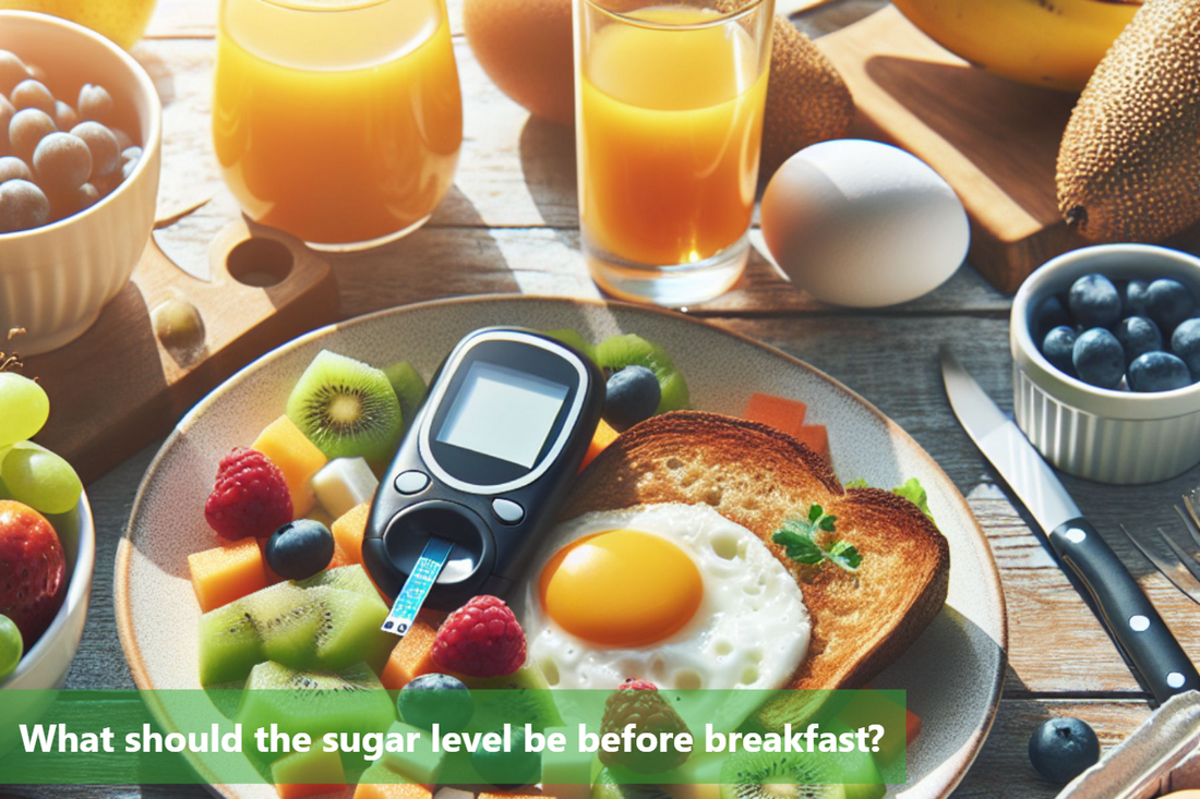 A breakfast table with a plate of fruit, toast, and eggs, along with a blood sugar meter.