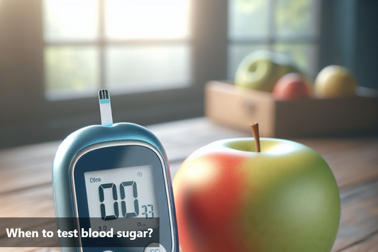 A glucometer and an apple on a table. The glucometer is turned on and is displaying a blood sugar reading of 100 mg/dL.