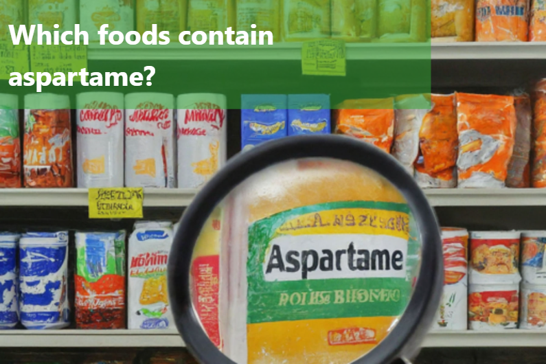 A close-up image of a magnifying glass over a grocery shelf with a can labeled 'aspartame' on it.