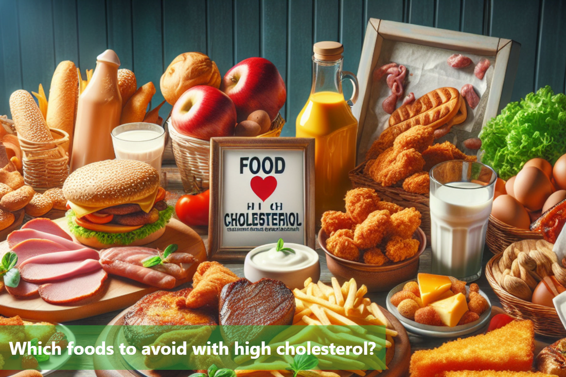 A variety of food items are displayed on a wooden table, including a sign that says 'Food I love High Cholesterol'.