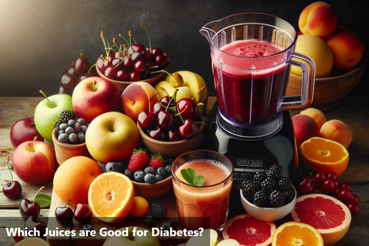 Vibrant fruits and a blender on a wooden table, symbolizing healthy juicing options for individuals with diabetes.