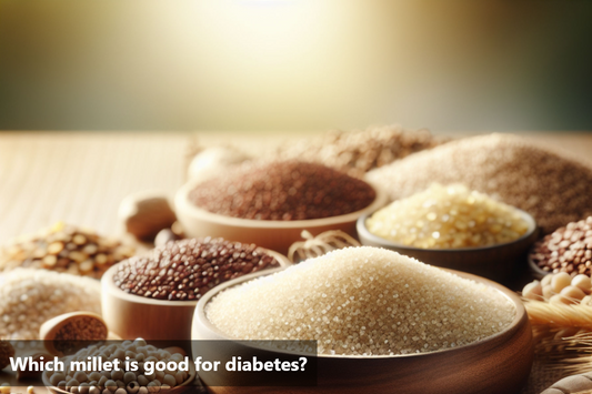 An assortment of millets in wooden bowls, showcasing their natural colors and textures.