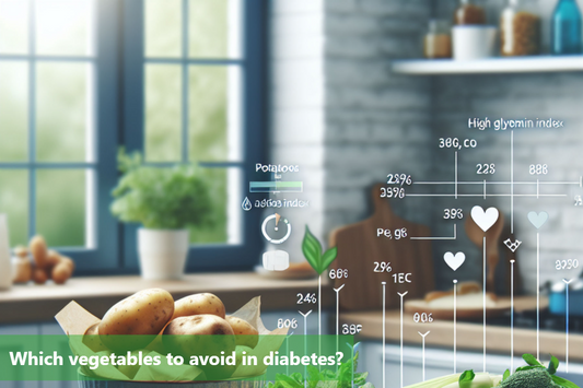 A kitchen counter with a bowl of potatoes and a chart showing the glycemic index of various vegetables.